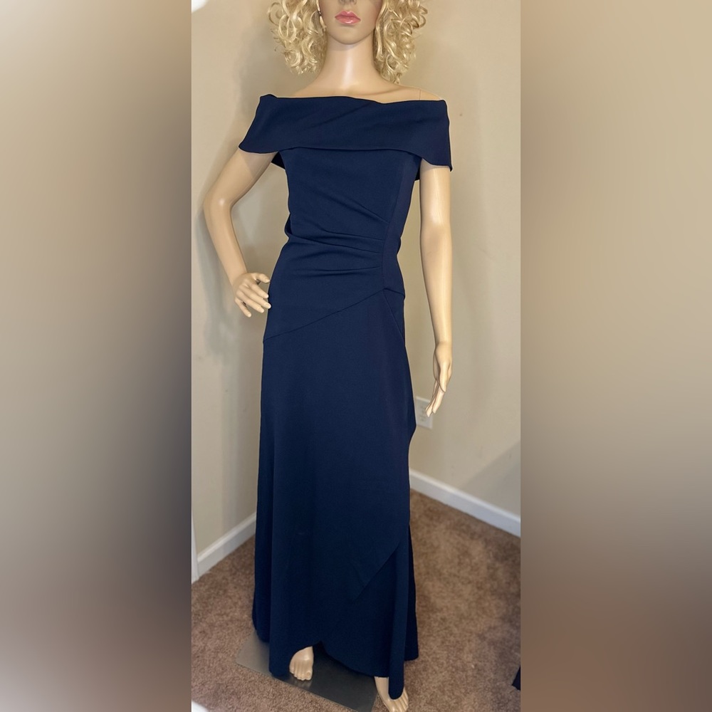 XSCAPE Ruffled off the shoulder gown, Navy from Macy’s. Size 14